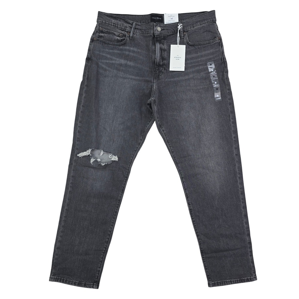 Lucky Brand 412 Athletic Slim Jeans Mens 38x30 Black Distressed Stretch Denim
